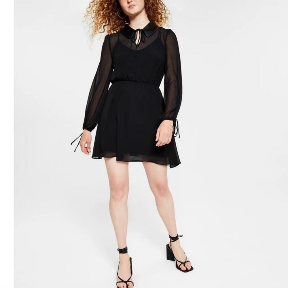 Small Bar III black sheer long sleeve dress, faux leather peter pan collar